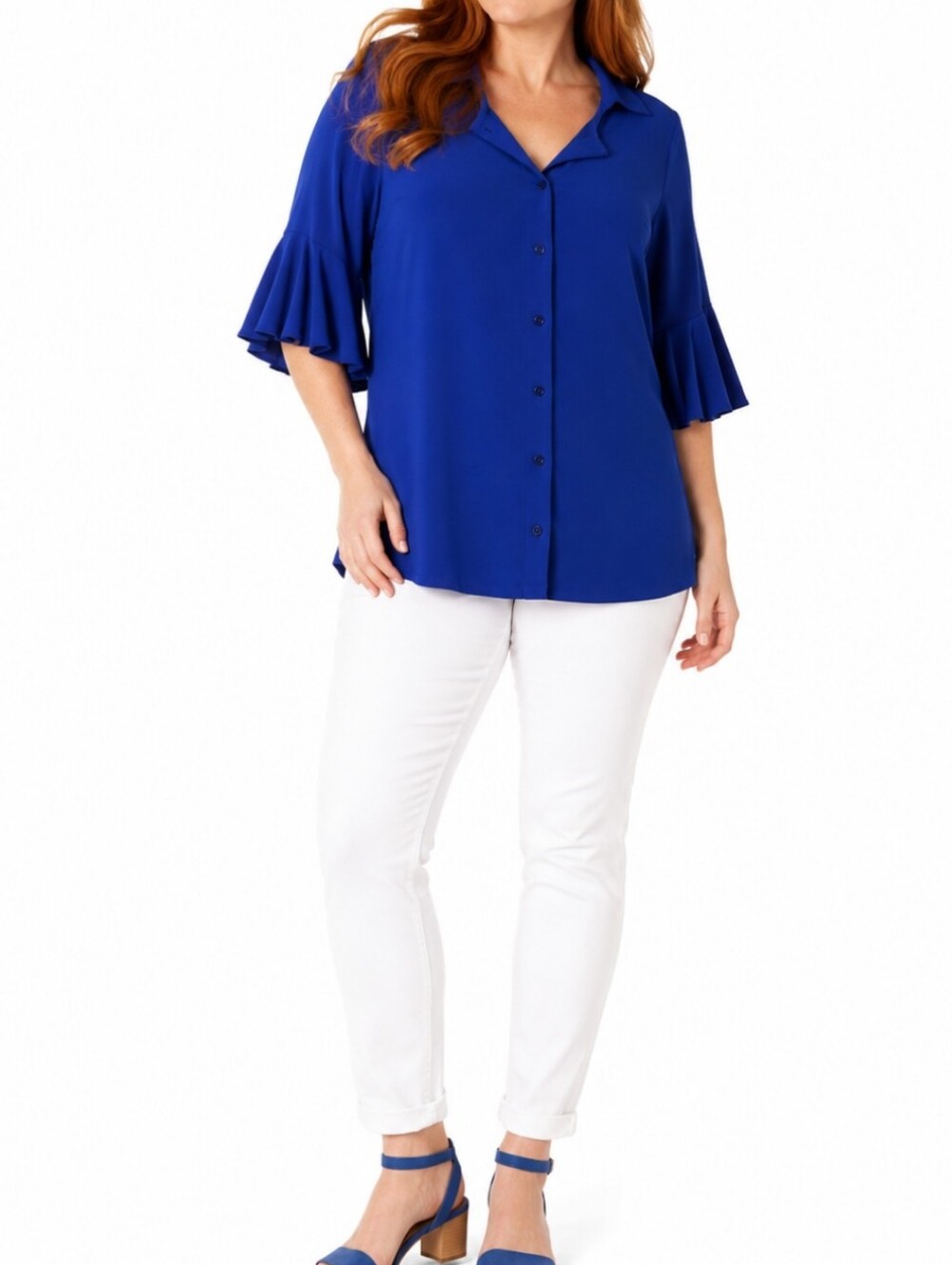Joseph Ribkoff Cobalt Solid  Blue Button-Down Bell Sleeve S8  Dressy Office Top